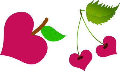 Apple-heart and cherry-heart on white background. Creative idea for card, fabric, print, paper. Valentines Day.
