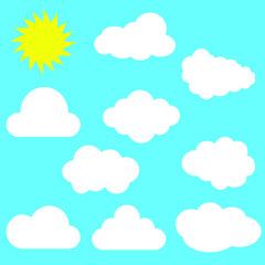 Cloudscape in flat style, blue sky with clouds and sun, vector.