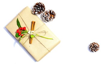 gift box with ribbon and pine cones isolated on white