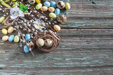 Easter holiday composition on old paint wooden background. Quail eggs, nest and bouquet of willow twigs on rustic wooden background. Space for text, flat lay