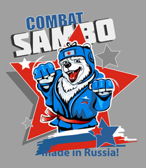 Naklejka premium Russian polar bear wrestler in blue tracksuit isolated on background. Vector illustration. Combat wrestling.