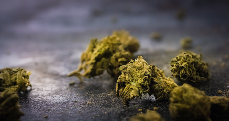 Medical Marijuana Buds on grungy background. Dried Cannabis Plant closeup
