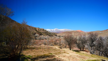 Naklejka na ściany i meble Bright landscape of Morocco, breathtaking curves of mountains, stunning combination of hills & farm land,inadvertent distribution of houses & huts, raw impression of pure nature.