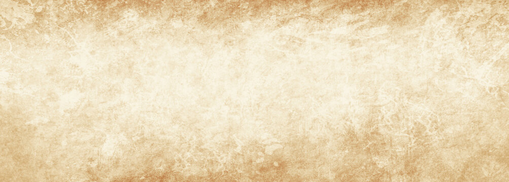 Old brown paper parchment background design with distressed vintage stains and ink spatter and white faded shabby center, elegant antique beige color