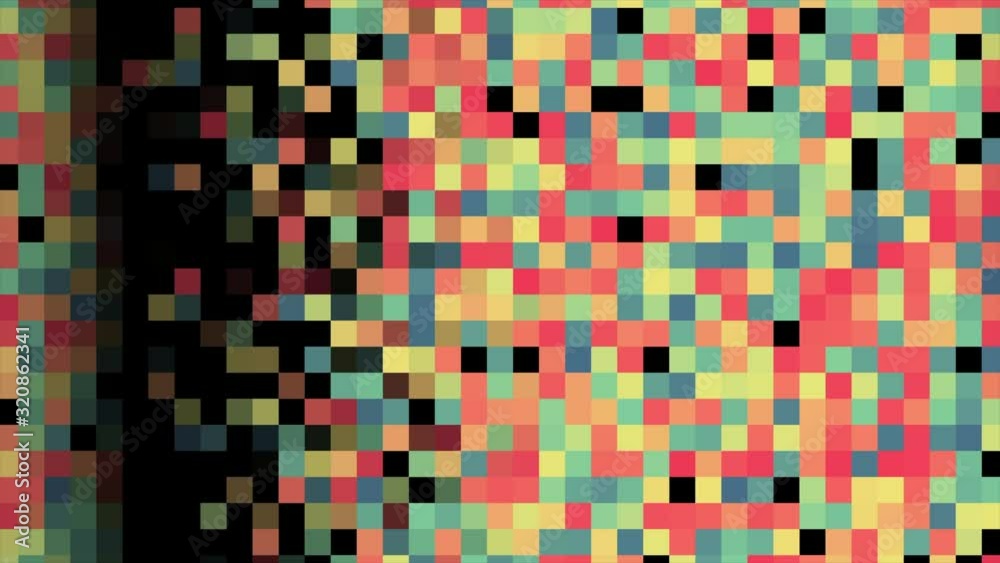 Poster abstract animation of multicolored pixel spot moving horizontally n the black background. animation.