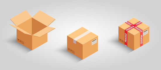 Set of isometric cardboard boxes. Realistic carton box. Board with fragile duct tape. Frail delivery sign. Delicate package. Frangible or brittle pack. moving sign. Post mockup. Vector illustration.