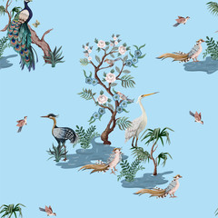 Motif harmonieux de style chinoiserie avec cigognes, oiseaux et pivoines. Vecteur,
