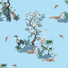 Papier peint Style japonais Motif harmonieux de style chinoiserie avec cigognes, oiseaux et pivoines. Vecteur,
