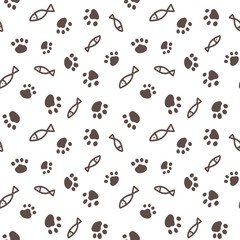 Seamless pattern with simple fish and paw print from cat steps.Design for packaging goods or textiles for animals. Objects are hand-drawn in a doodle style.