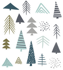 Obraz premium Woodland with cute pine trees isolated on white background vector elements. Creative scandinavian kids illustration