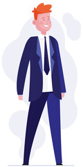 Redhead employee standing confidently. Handsome businessman in suit smiling flat vector illustration. Office staff concept for banner, website design or landing web page