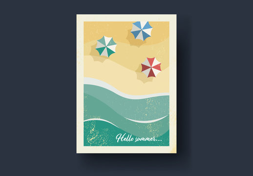 Vintage Style Postcard Layout with Beach Scene Illustrations