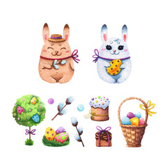 easter rabbits, cakes, eggs and willow branches