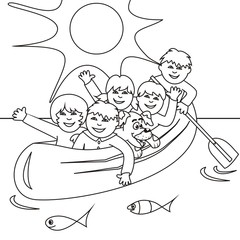 Children in a canoe on the sea, coloring book, vector illustration