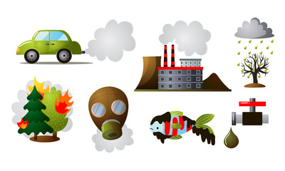 Naklejka premium Colorful set of different industrial pollutions. Vector illustration in flat cartoon style.