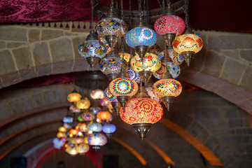 Decorative colorfull lights . Traditional Turkish lanterns made of colored glass . hanging...