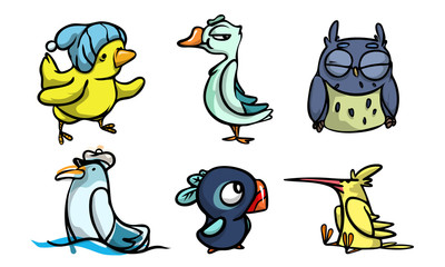 Set of cute funny colorful birds with different emotions. Vector illustration in flat cartoon style.