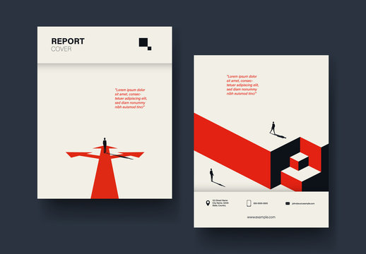Report Cover Layout with Red and Black Illustrations