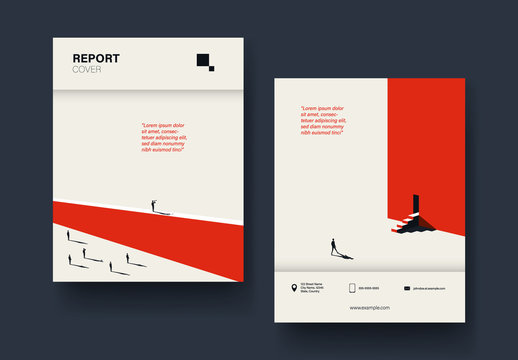 Report Cover Layout with Red and Black Illustrations