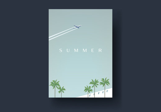 Vintage Style Postcard Layout with Plane and Palm Tree Illustrations
