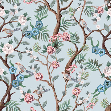 Seamless pattern in chinoiserie style with peonies trees and birds . Vector,