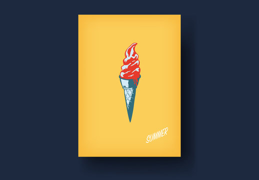 Yellow Vintage Style Postcard Layout with Soft-Serve Ice Cream Cone Illustration