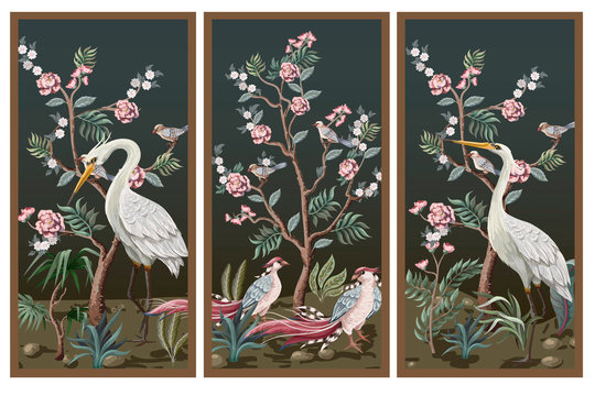 Folding screen in chinoiserie style with storks and peonies. Vector.