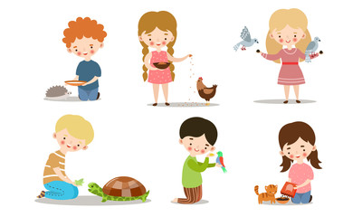 Set of kids feeding and taking care of wild and pet animals. Vector illustration in flat cartoon style.