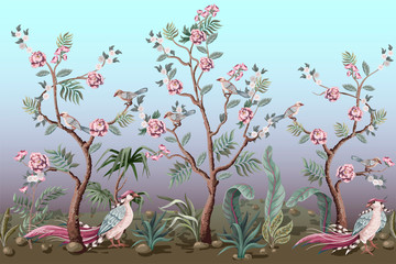 Border in chinoiserie style with birds and peonies. Vector.