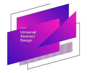 Sharp geometrical bright elements. Universal regular forms, straight lines. Pink and purple background with white text. Template for logo, flyer or slide. Vector illustration.