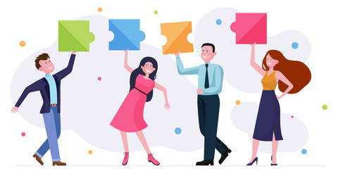 Happy business group enjoying office party. Team connecting puzzle pieces flat vector illustration. Teamwork, celebration, unity concept for banner, website design or landing web page