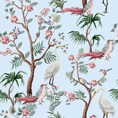 Papier Peint Lavable Style japonais Motif harmonieux de style chinoiserie avec cigognes, oiseaux et pivoines. Vecteur,
