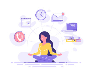 Business woman practicing mindfulness meditation with office icons on the background. Multitasking and time management concept. Vector illustration.