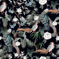Panele Szklane  Wzór w stylu chinoiserie z bocianami, ptakami i piwoniami. Wektor,