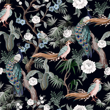 Seamless pattern in chinoiserie style with storks, birds and peonies. Vector, © Yumeee