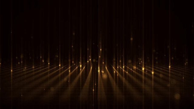 Abstract Gold Background With Grid And Particles Seamless Looping/ 4k animation of an abstract golden background with texture of golden vertical lines on a 3d perspective grid seamless looping