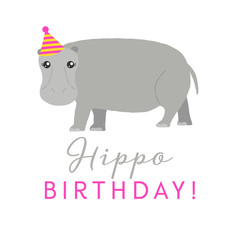 Vector illustration of a cute hippo wearing a party hat. Hippo Birthday. Cute card design concept.