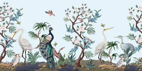 Border in chinoiserie style with herons, peacock and peonies. Vector. - obrazy, fototapety, plakaty