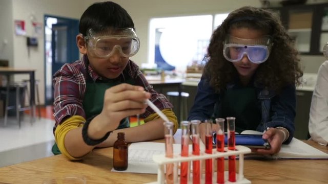 Elementary students conducting scientific experiment science laboratory classroom