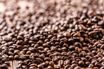Coffee roasted beans background. Copy space for text.