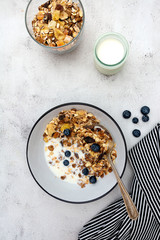 Bowl of oatmeal cereal. Whole oats, granola with dried fruit and blueberry, milk and honey. Healthy food breakfast. Copy space.