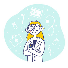 Medical professional in white coat and glasses. Doctor, physician, badge flat vector illustration. Medicine, occupation, healthcare concept for banner, website design or landing web page