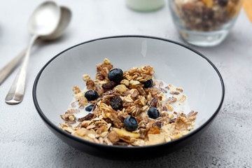 Whole oats breakfast, granola with dried fruit and blueberry, milk and honey. Healthy food, clean eating. Copy space.