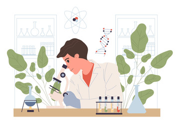 Chemist conducting experiment. Man in white coat with microscope, test tubes in lab flat vector illustration. Laboratory, chemistry, science concept for banner, website design or landing web page