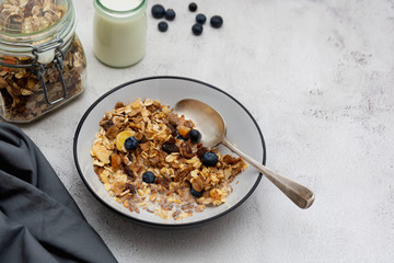Whole oats breakfast, granola with dried fruit and blueberry, milk and honey. Healthy food, clean eating. Copy space.