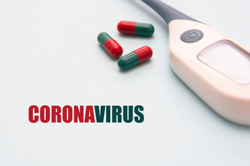Coronavirus background, colorful pills. Dangerous flu strain pandemic medical health risk concept.