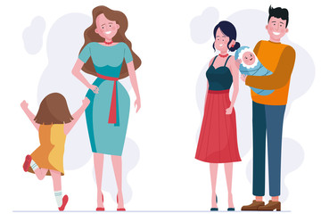 Parents walking with children set. Couple with baby, mother with daughter flat vector illustration. Parenthood, family, leisure concept for banner, website design or landing web page