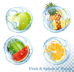 Collection of fruit and berries in a water splash. Apple, pineapple, melon, orange. Vector.