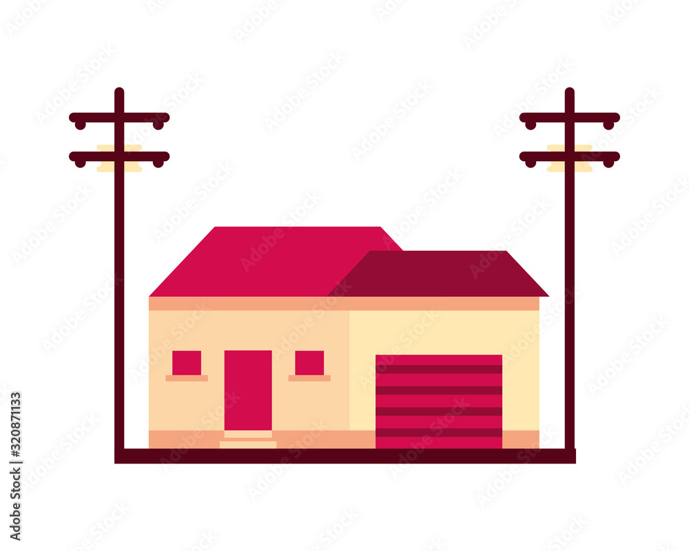 Wall mural house building front facade with electric posts