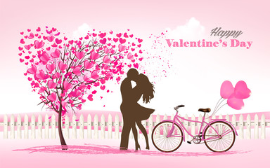 Valentine's Day background with a heart shaped tree and a couple in Love. Vector.